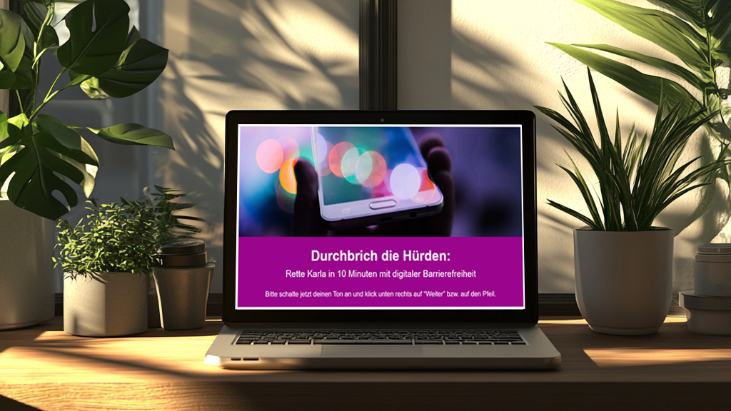 Das ist ein Foto von einem Laptop, auf dem das geöffnete eLearning zur digitalen Barrierefreiheit zu sehen ist.